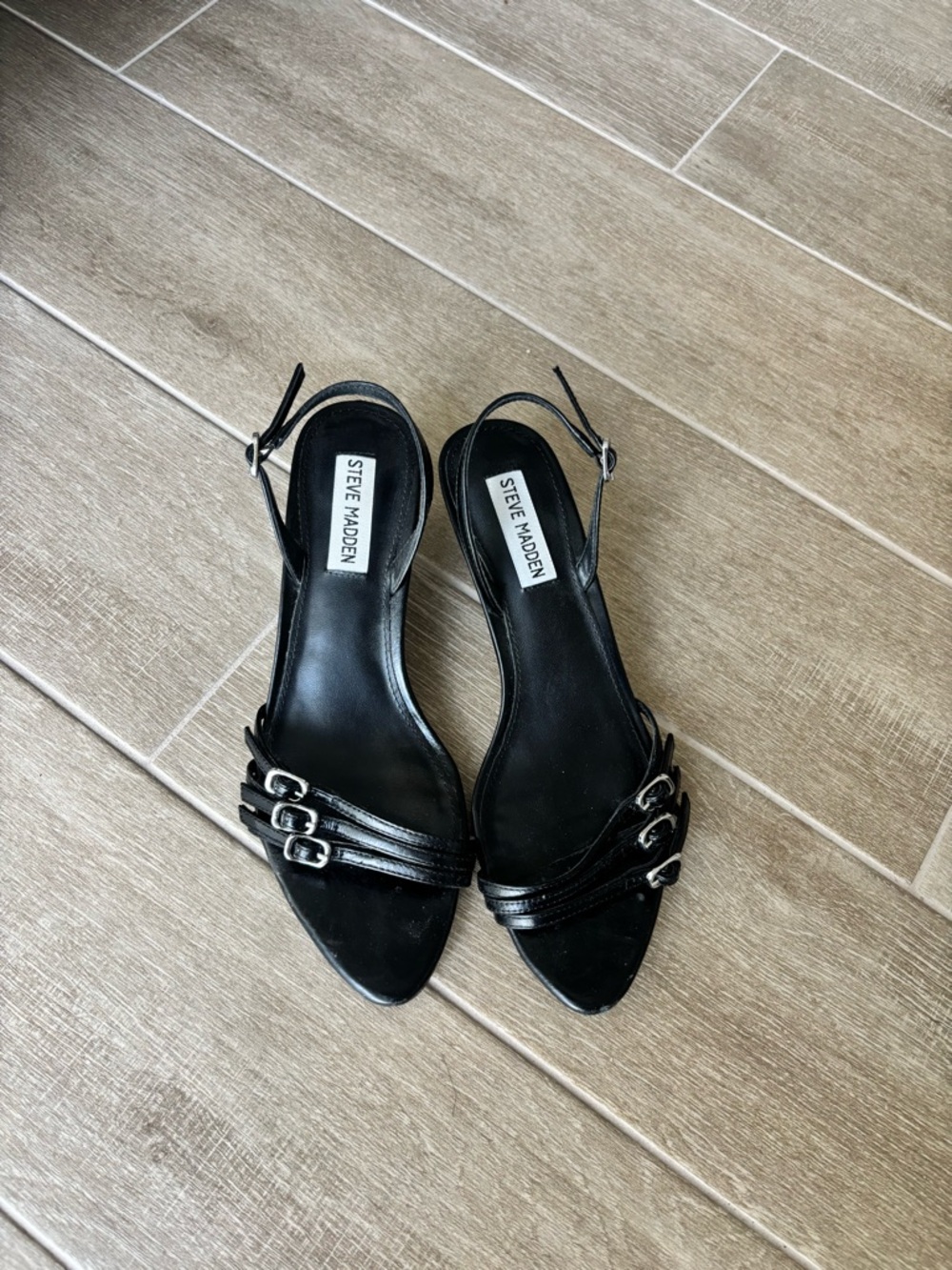 Steve Madden Black Strappy Slingback Heels with Triple Buckles